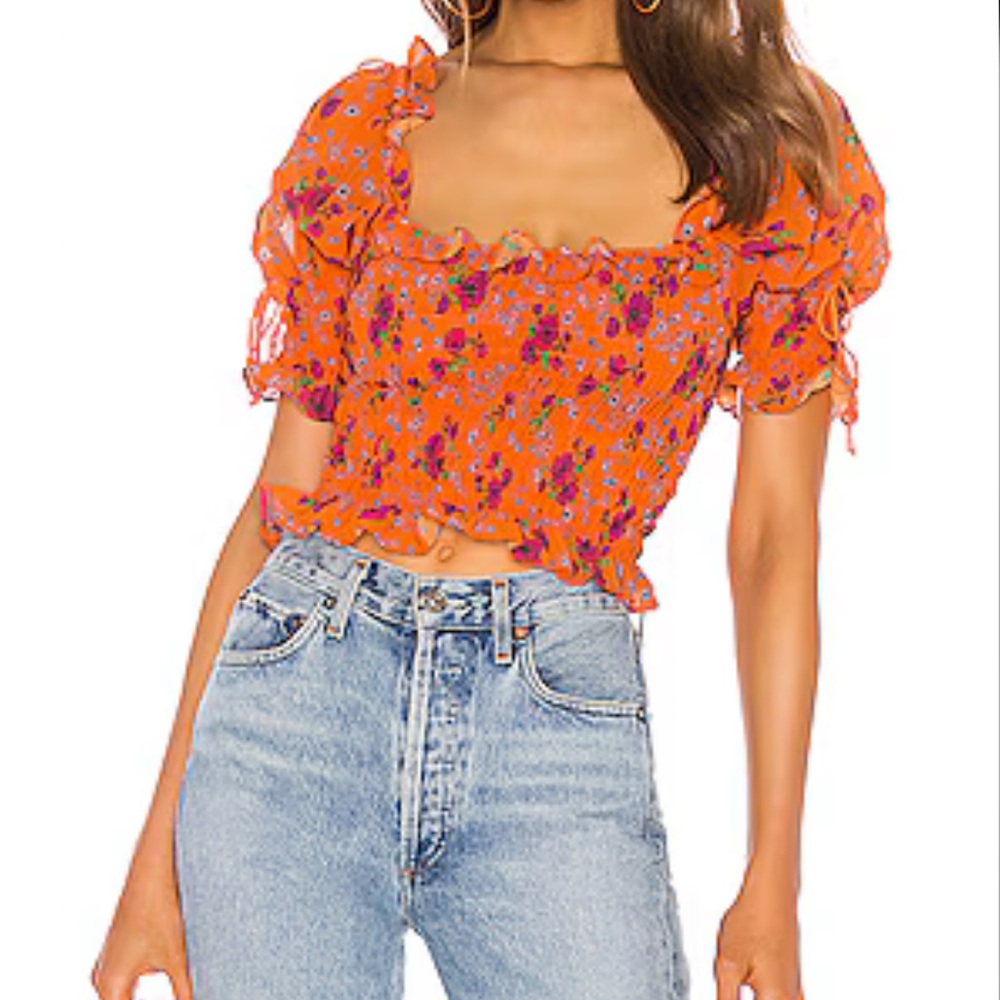 For Love And Lemons Peony Smocked Top in Tangerine